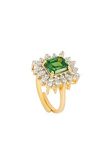 Gold Finish Cubic Zirconia & Green Stone Ring In Sterling Silver