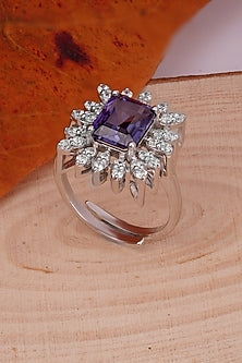 White Rhodium Finish Cubic Zirconia & Blue Stone Ring In Sterling Silver