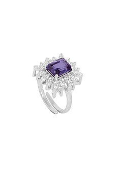 White Rhodium Finish Cubic Zirconia & Blue Stone Ring In Sterling Silver
