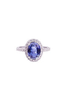 White Rhodium Finish Cubic Zirconia & Blue Stone Ring In Sterling Silver