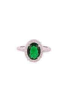 White Rhodium Finish Cubic Zirconia & Green Stone Ring In Sterling Silver