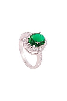 White Rhodium Finish Cubic Zirconia & Green Stone Ring In Sterling Silver