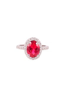 White Rhodium Finish Cubic Zirconia & Red Stone Ring In Sterling Silver