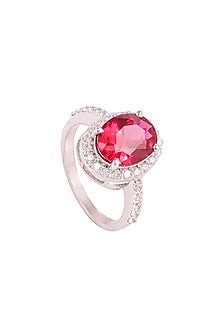 White Rhodium Finish Cubic Zirconia & Red Stone Ring In Sterling Silver