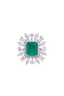 White Rhodium Finish Cubic Zirconia & Green Stone Ring In Sterling Silver