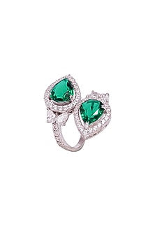 White Rhodium Finish Cubic Zirconia & Green Stone Ring In Sterling Silver