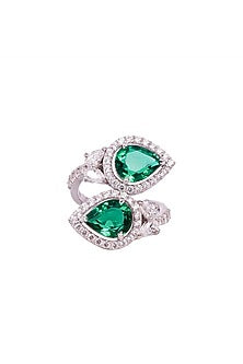 White Rhodium Finish Cubic Zirconia & Green Stone Ring In Sterling Silver