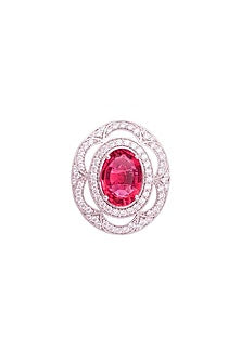 White Rhodium Finish Cubic Zirconia & Red Stone Ring In Sterling Silver