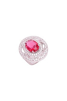 White Rhodium Finish Cubic Zirconia & Red Stone Ring In Sterling Silver