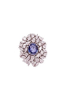 White Rhodium Finish Cubic Zirconia & Blue Stone Ring In Sterling Silver