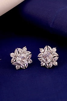 White Rhodium Finish Cubic Zirconia Stud Earrings In Sterling Silver