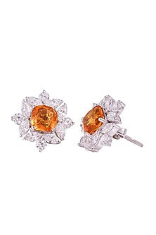 White Rhodium Finish Cubic Zirconia & Orange Stone Stud Earrings In Sterling Silver