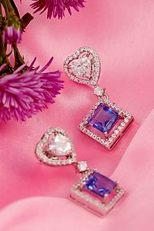 White Rhodium Finish Cubic Zirconia & Blue Stone Dangler Earrings In Sterling Silver