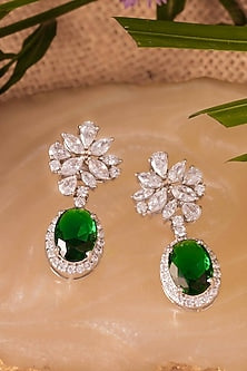 White Rhodium Finish Cubic Zirconia & Green Stone Dangler Earrings In Sterling Silver