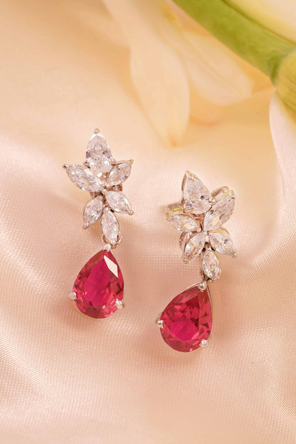White Rhodium Finish Cubic Zirconia & Red Stone Dangler Earrings In Sterling Silver