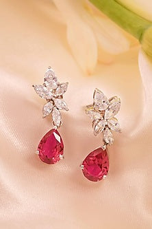 White Rhodium Finish Cubic Zirconia & Red Stone Dangler Earrings In Sterling Silver