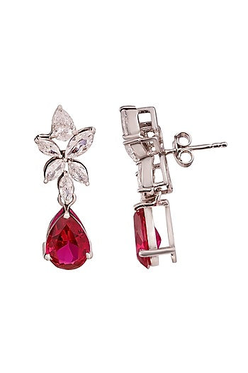 White Rhodium Finish Cubic Zirconia & Red Stone Dangler Earrings In Sterling Silver