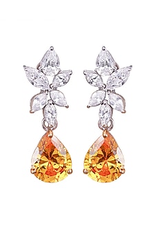 White Rhodium Finish Cubic Zirconia & Yellow Stone Dangler Earrings In Sterling Silver