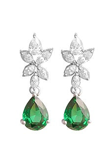 White Rhodium Finish Cubic Zirconia & Green Stone Dangler Earrings In Sterling Silver