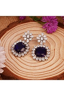 White Rhodium Finish Cubic Zirconia & Blue Stone Dangler Earrings In Sterling Silver