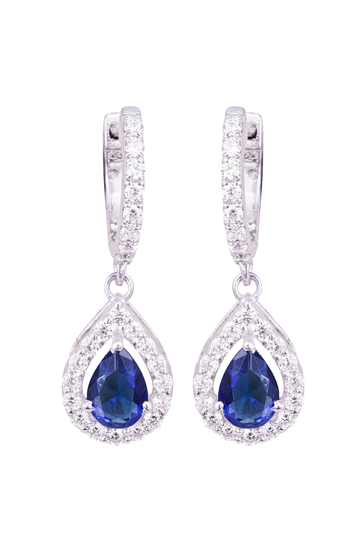 White Rhodium Finish Cubic Zirconia & Blue Stone Dangler Earrings In Sterling Silver