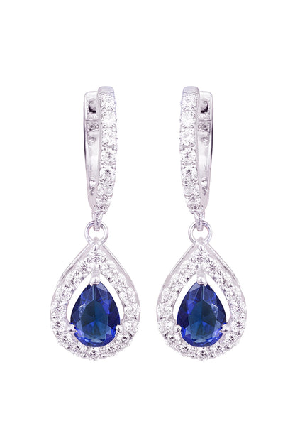 White Rhodium Finish Cubic Zirconia & Blue Stone Dangler Earrings In Sterling Silver