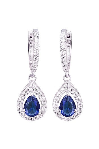 White Rhodium Finish Cubic Zirconia & Blue Stone Dangler Earrings In Sterling Silver