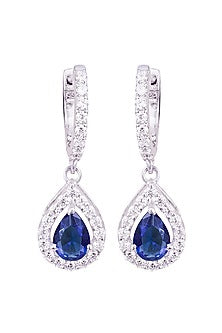 White Rhodium Finish Cubic Zirconia & Blue Stone Dangler Earrings In Sterling Silver