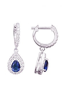 White Rhodium Finish Cubic Zirconia & Blue Stone Dangler Earrings In Sterling Silver