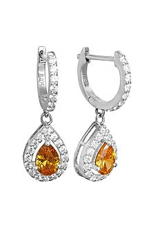 White Rhodium Finish Cubic Zirconia & Yellow Stone Dangler Earrings In Sterling Silver