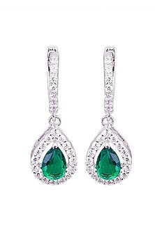 White Rhodium Finish Cubic Zirconia & Green Stone Dangler Earrings In Sterling Silver