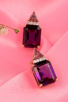 Rose Gold Finish Amethyst Stone Stud Earrings In Sterling Silver