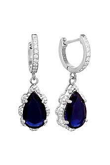 White Rhodium Finish Cubic Zirconia & Blue Stone Dangler Earrings In Sterling Silver