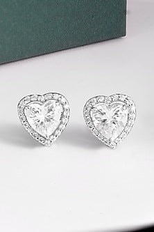 White Finish Cubic Zirconia Heart Stud Earrings In Sterling Silver