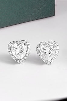 White Finish Cubic Zirconia Heart Stud Earrings In Sterling Silver