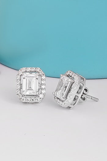 White Finish Cubic Zirconia Stud Earrings In Sterling Silver