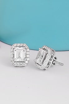 White Finish Cubic Zirconia Stud Earrings In Sterling Silver