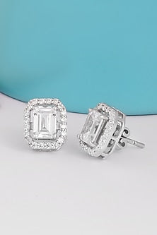 White Finish Cubic Zirconia Stud Earrings In Sterling Silver