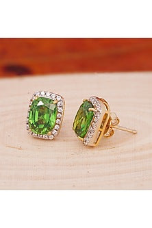 White Finish Green Stone Stud Earrings In Sterling Silver