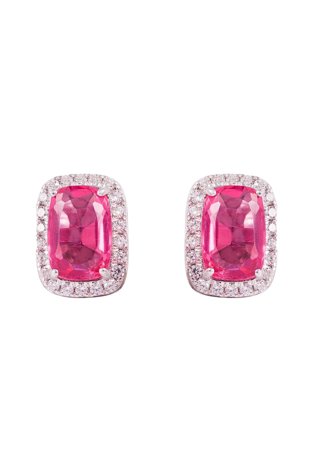 White Finish Pink Stone Stud Earrings In Sterling Silver