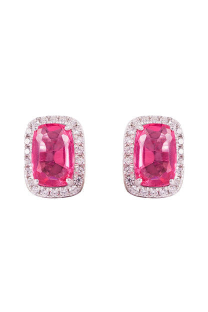 White Finish Pink Stone Stud Earrings In Sterling Silver