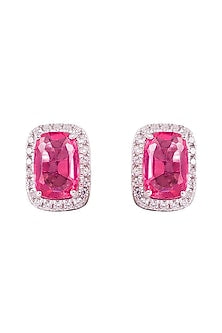 White Finish Pink Stone Stud Earrings In Sterling Silver