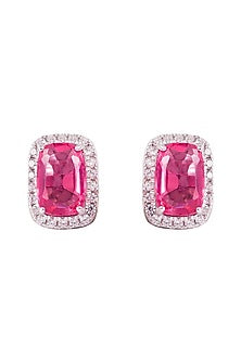 White Finish Pink Stone Stud Earrings In Sterling Silver