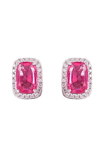 White Finish Pink Stone Stud Earrings In Sterling Silver