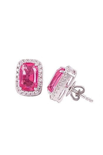 White Finish Pink Stone Stud Earrings In Sterling Silver