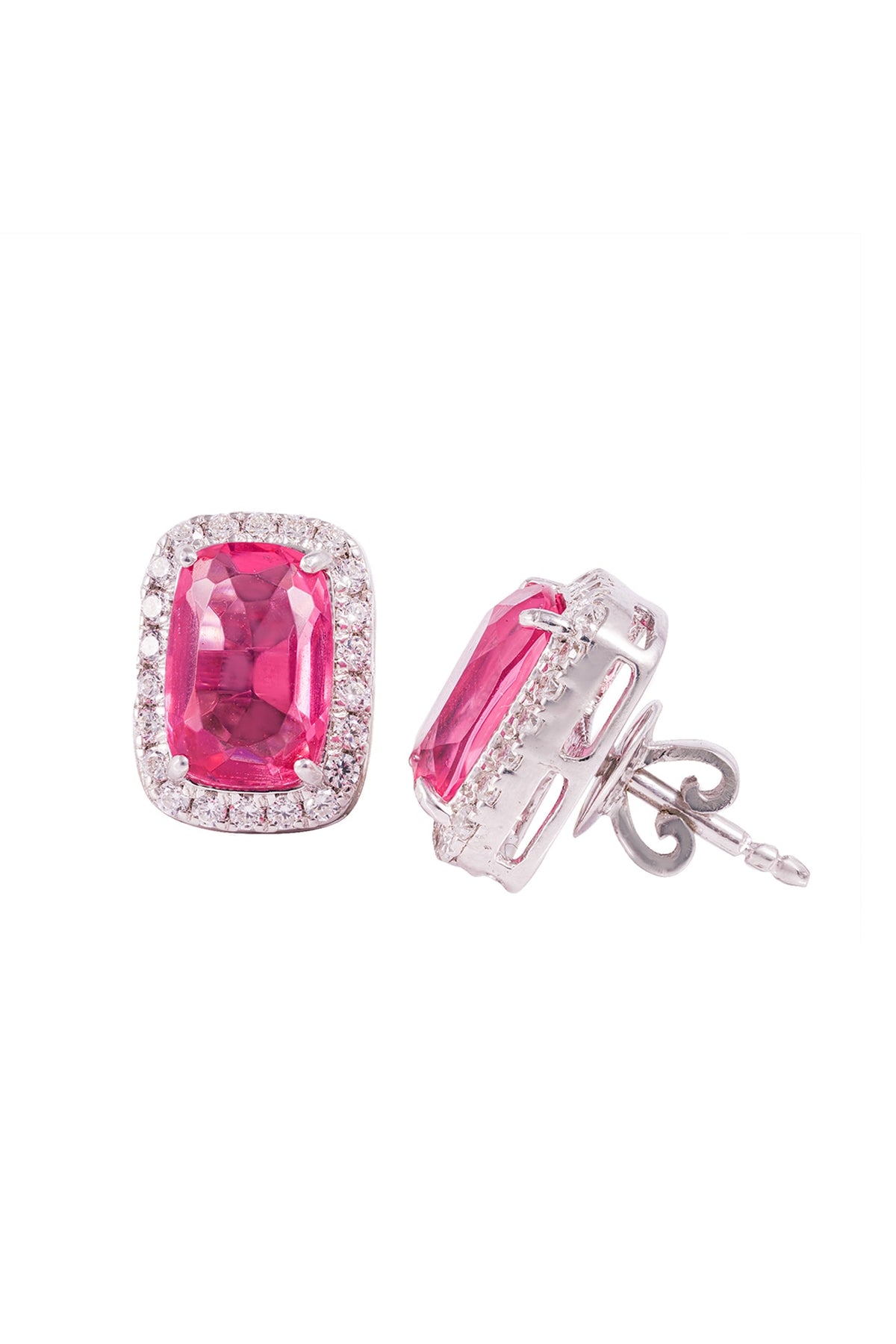 White Finish Pink Stone Stud Earrings In Sterling Silver