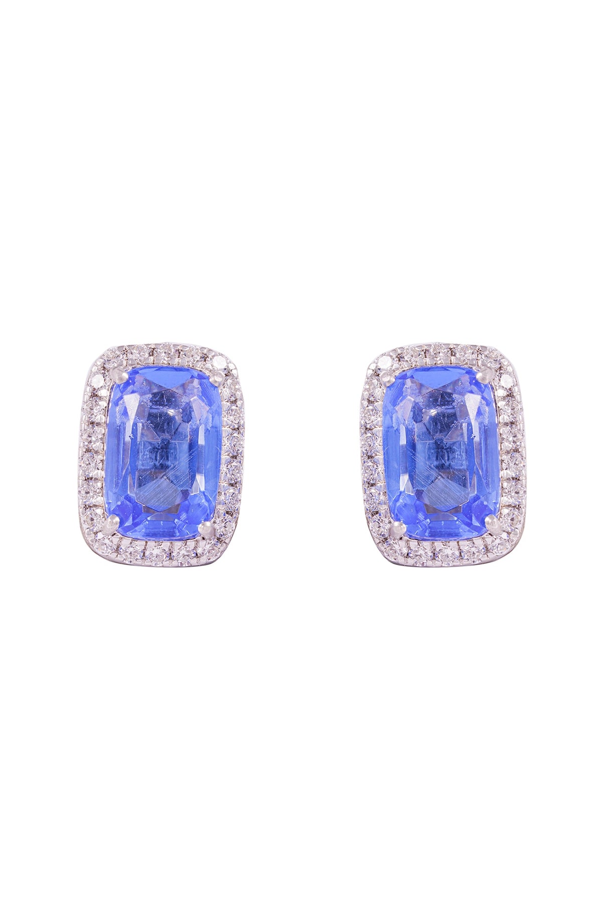 White Finish Blue Stone Stud Earrings In Sterling Silver