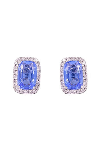 White Finish Blue Stone Stud Earrings In Sterling Silver