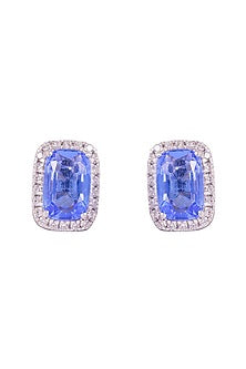 White Finish Blue Stone Stud Earrings In Sterling Silver
