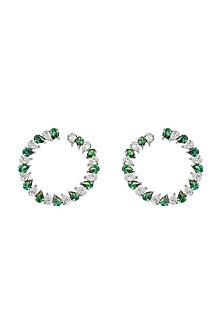 White Finish Cubic Zirconia & Green Stone Hoop Earrings In Sterling Silver